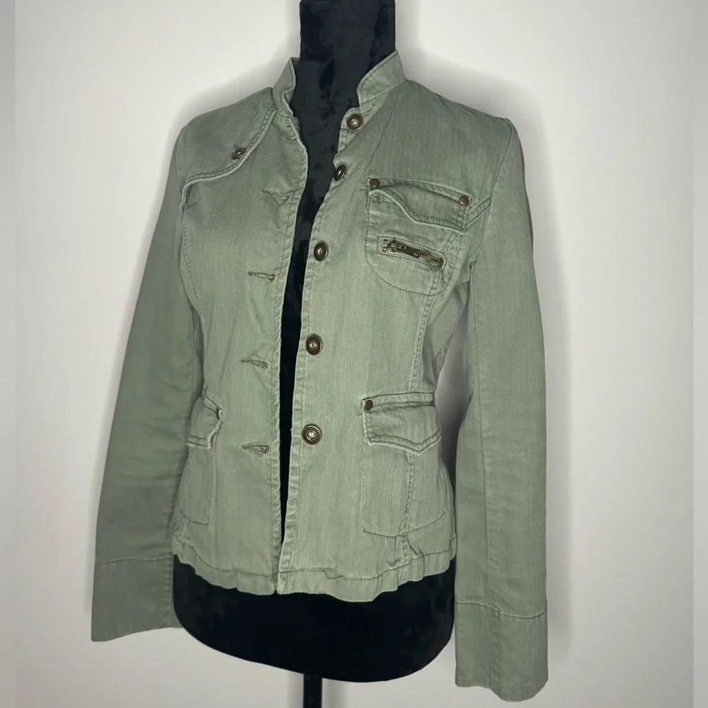 Mossimo Womens Utility Jacket Green Denim Military Button Up Pockets Casual - Picture 3 of 15